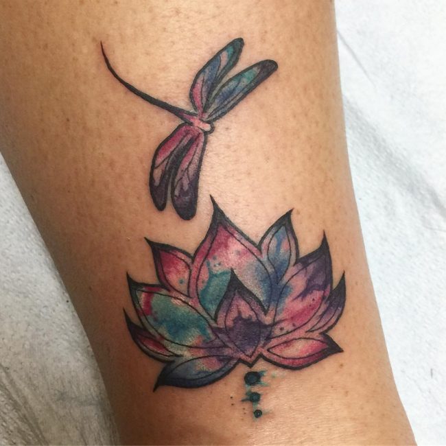 Colorful Traditional Lotus Flower With Butterfly And Dragonfly Tattoo On  Girl Upper Back