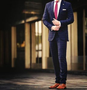 1 Checkered Dark Slate Blue Suit & Brown Leather Shoes