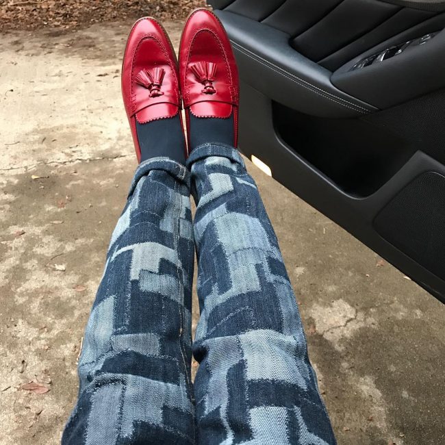 1 Red Loafers and Checkered Jeans Trousers