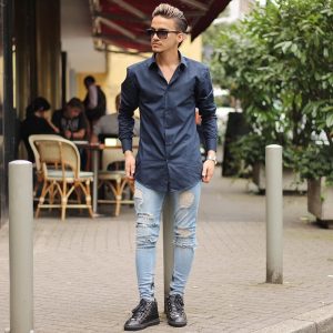 13 Long Blue Shirt & Torn Slim Fit Faded Blue Jeans