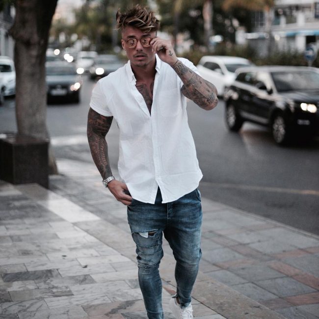 white button down and jeans men