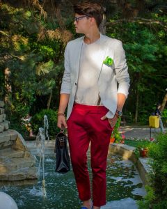 16 Striped White Blazer with Red Pants
