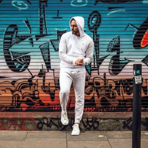 16 White Hoodie Joggers Suit with Golden Detailing