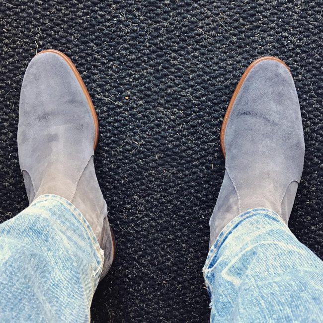 17 Grey Zipped Suede Boots & Faded Blue Jeans