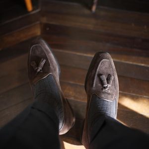 2 Brown Suede Loafers & Grey Trousers