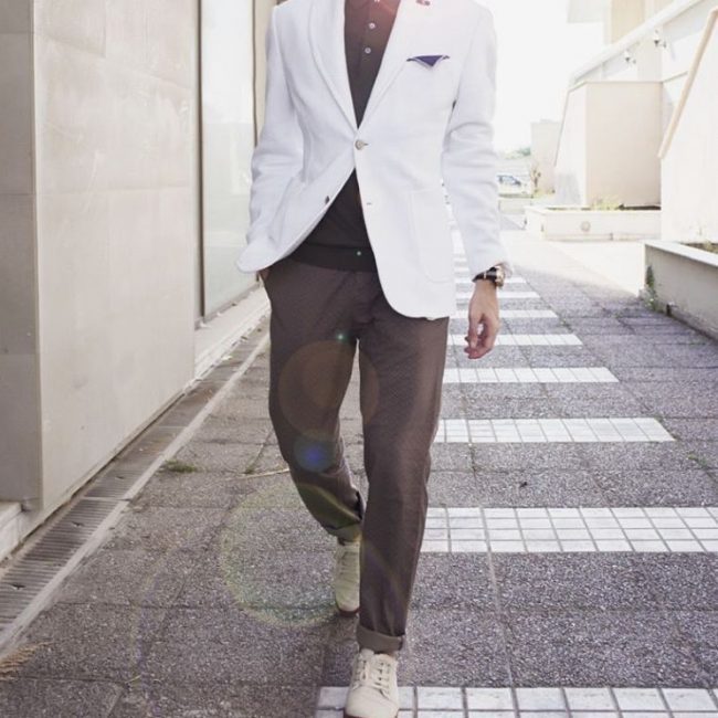 20 White Blazer with Brown Trousers