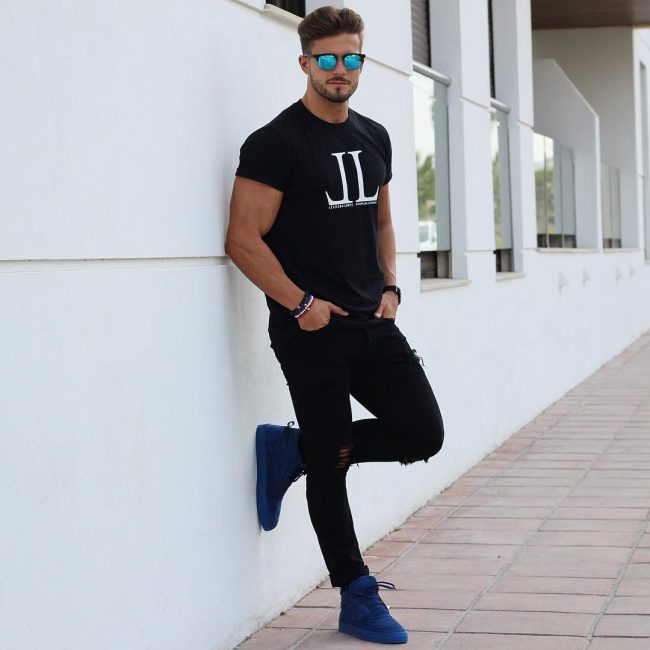 black outfit with blue shoes