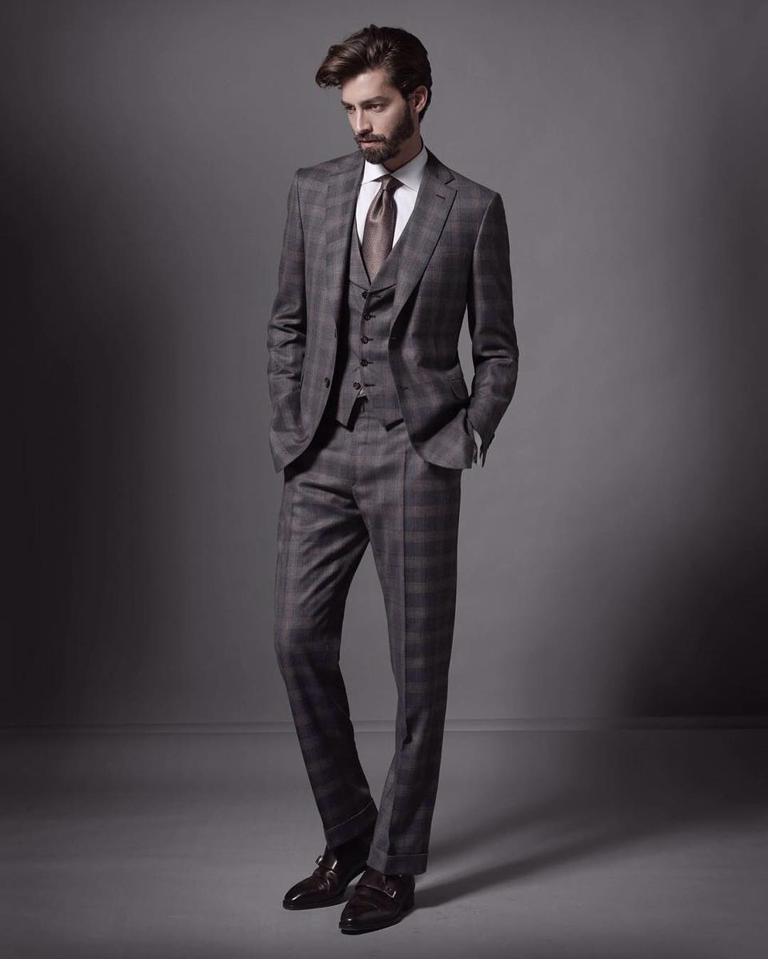 22 Checked Grey Three Piece Brioni Suit - StyleMann