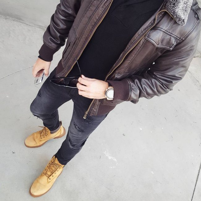 24 Light Brown Casual Boots & Dark Brown Leather Jacket