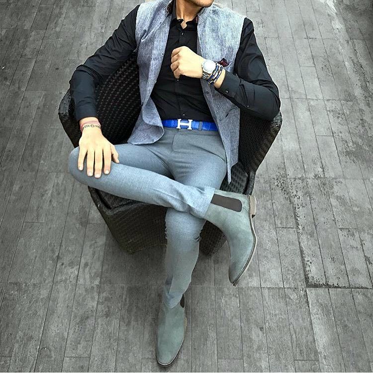 grey boots mens outfit