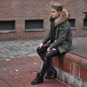 3 Dark Green Parka Coat with Ripped Jeans