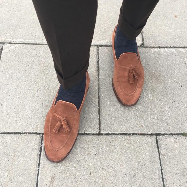 30 Brown Suede Loafers & Black Trousers