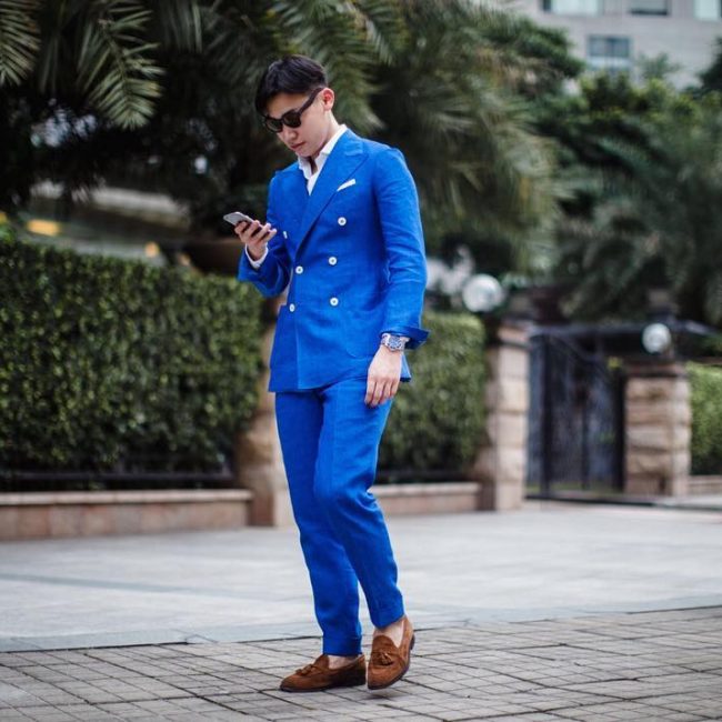 blue suit and loafers
