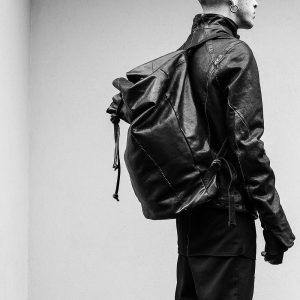 5 Shiny Black Backpack & Matching Leather Jacket