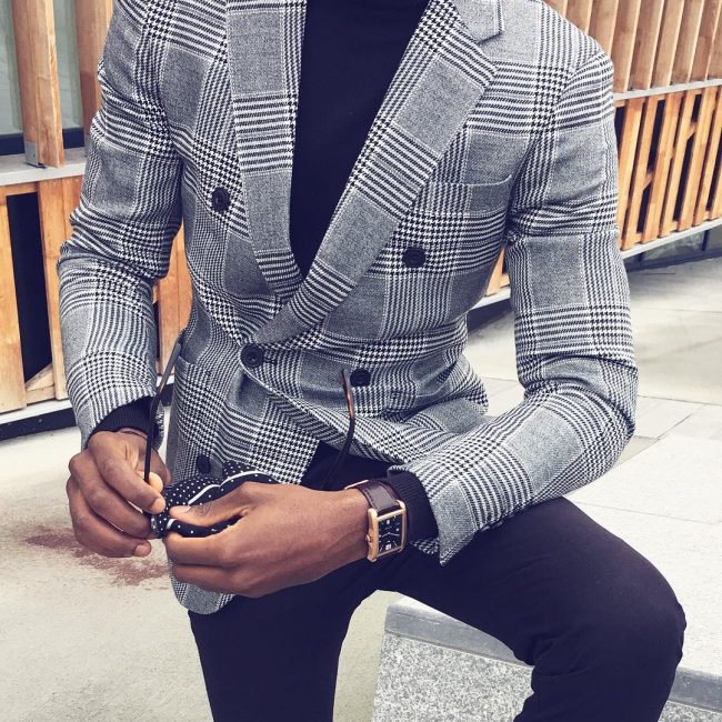 8 Grey Checked Double Breasted Coat with Black Polo Neck