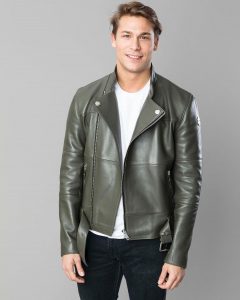 1 Green Khaki Leather Jacket with Blue Jeans