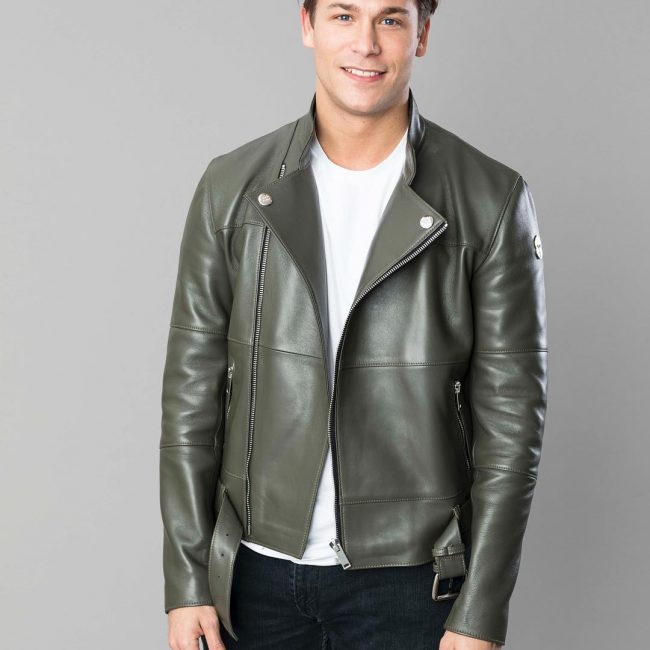 1 Green Khaki Leather Jacket with Blue Jeans