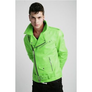 12 Green Neon Leather Coat with Jeans