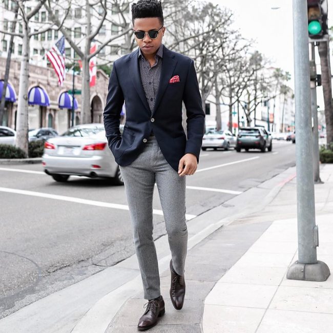 14 Gray Pants & Navy Blue Fitted Suit Coat