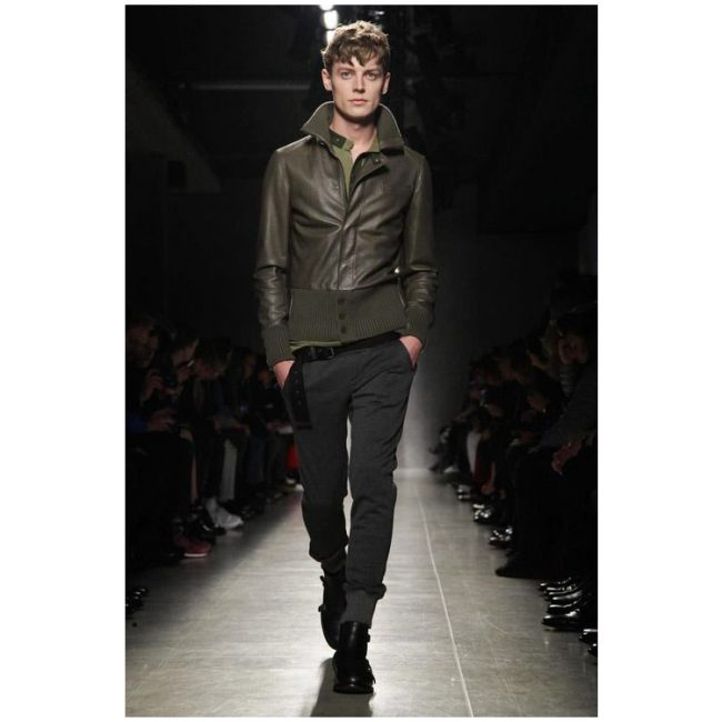 15 Pigment Green Leather Coat with Black Jeans