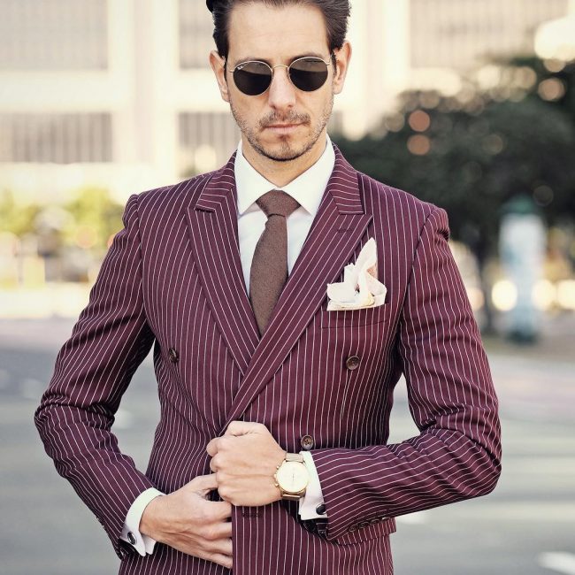 21 Pinstriped Suit Maroon Suit with a High Pocket Square Game