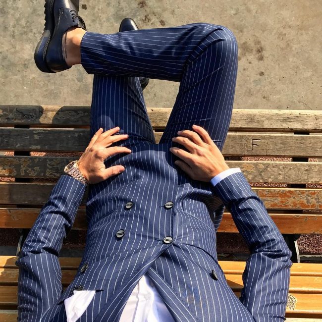 22 Royal Blue-White Striped Double Breasted Suit