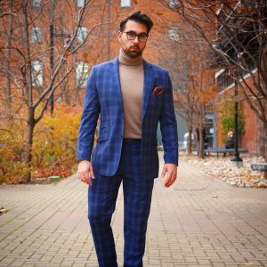 26 Checkered Blue Fitted Suit & Brown Turtle Neck Sweater
