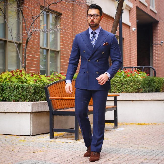 27 Double Breasted Plaid Royal Blue Suit & Brown Suede Casual Boots