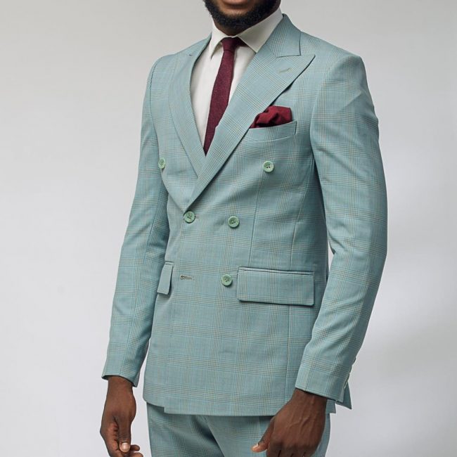 3 Plaid Teal-Blue Fitted Six Button Suit