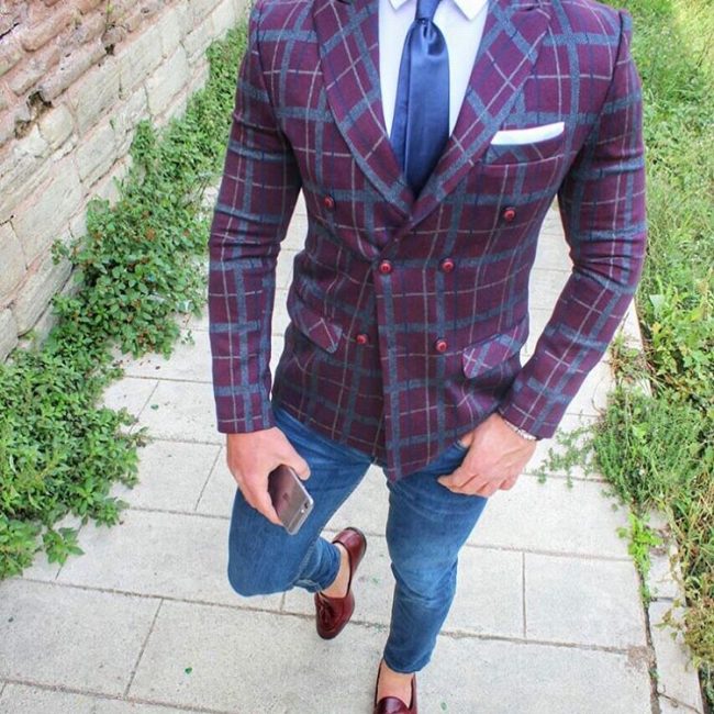 31 Slim-Fit Jeans Pants & Gray-Maroon Checkered Suit Jacket