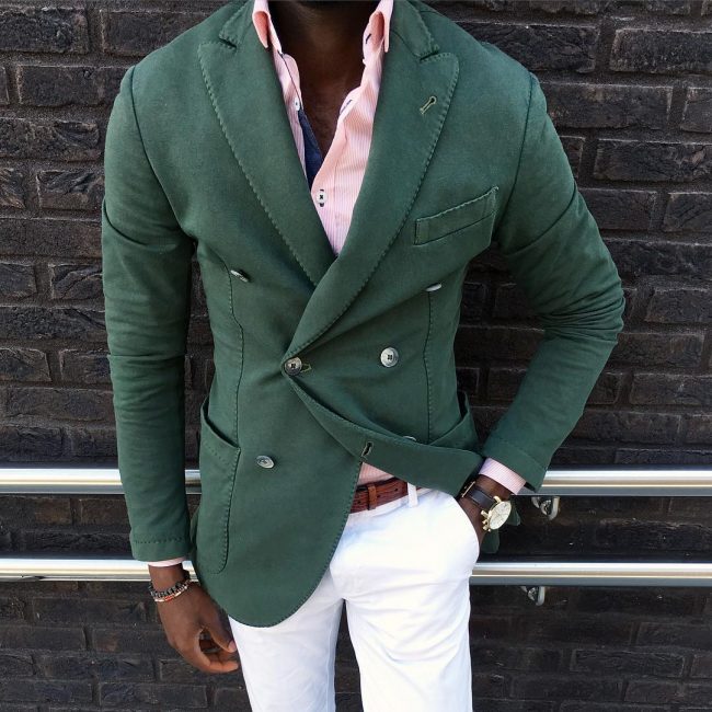 33 White Fitted Pants & Fitted Double-Breasted Green Blazer