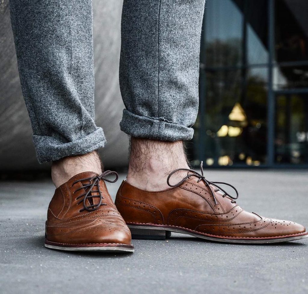 5 Gray Wool Pants & Brown Brogued Wing-Tip Shoes - StyleMann