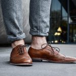 5 Gray Wool Pants & Brown Brogued Wing-Tip Shoes