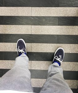 6 Blue Boat Shoes and Gray Denim Jeans