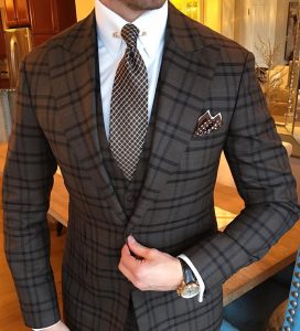 6 Brown And Gold Checkered 3-Piece Suit