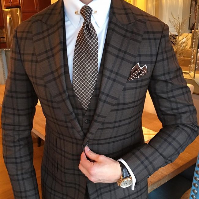 6 Brown And Gold Checkered 3-Piece Suit