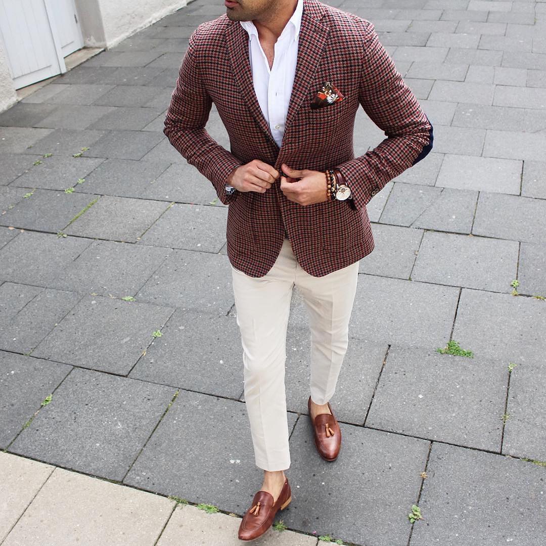 8 Cream White Pants & Brown Checkered Blazer - StyleMann