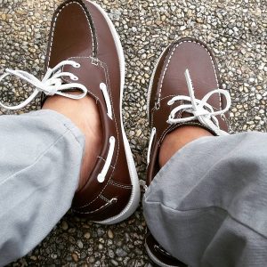 8 White- Laced Brown Shoes and Gray Chino Pants