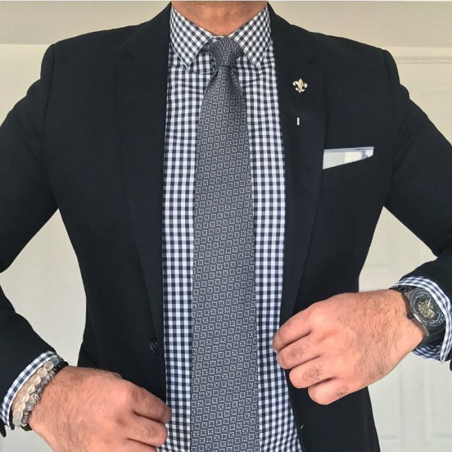 gingham shirt with black suit