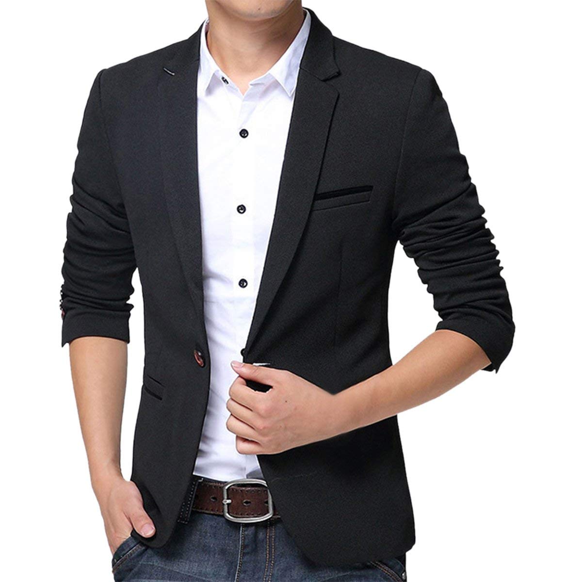 Pishon Men's Slim Fit Suits Casual One Button Flap Pockets Solid Blazer Jacket