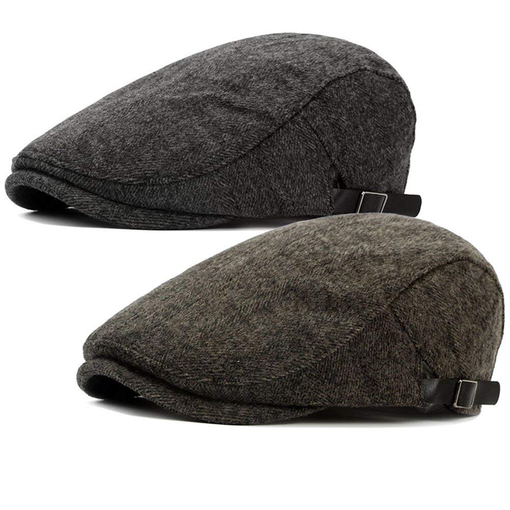 ALL IN ONE CART 2 Pack Men's Warm Wool Tweed Blend Newsboy Flat Cap Ivy Cabbie Driving Winter Hat