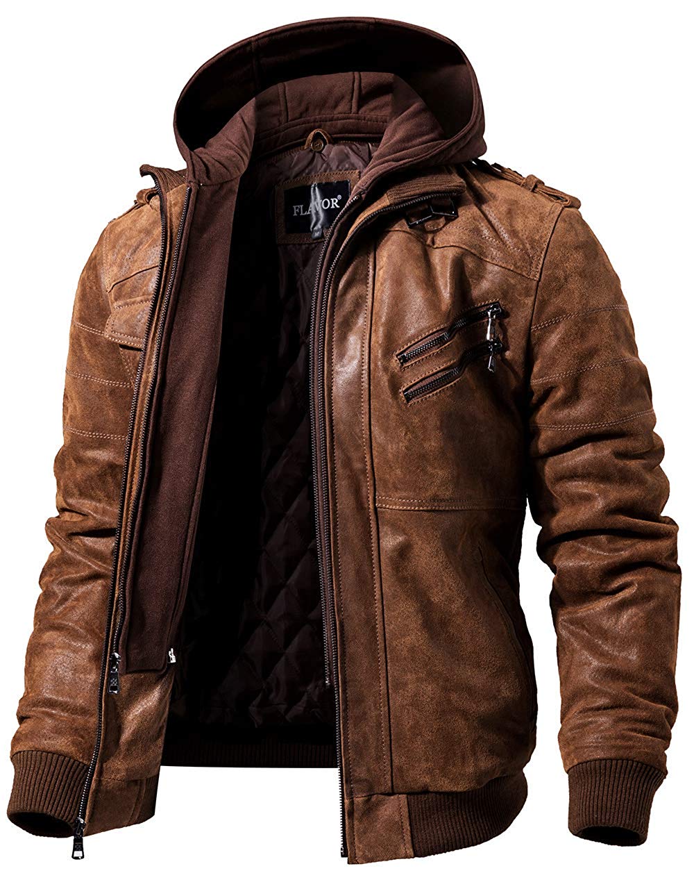 FLAVOR Men Brown Leather Motorcycle Jacket with Removable Hood