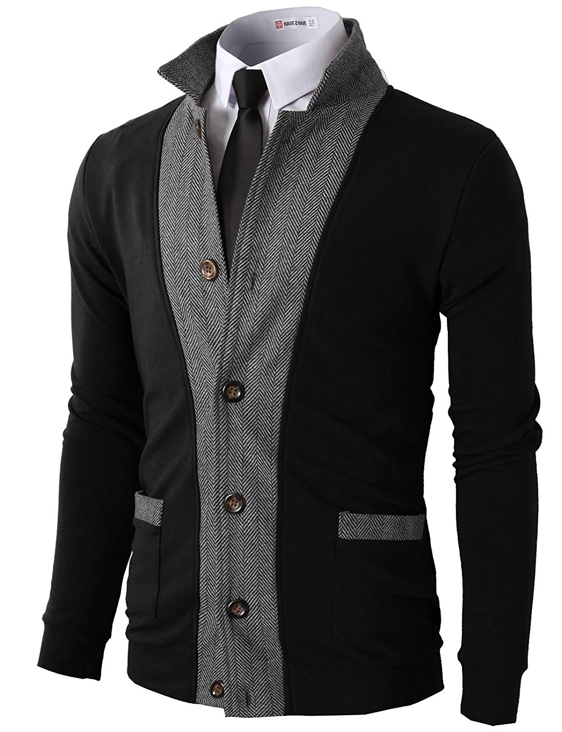H2H Mens Casual Slim Fit Jacket Cardigans Long Sleeve Button-Down Two-tone Herringbone