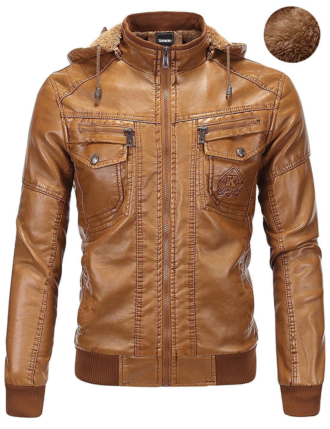 Tanming Men's Plus Velvet Motorcycle Pu Faux Leather Jacket with Removable Fur Hood