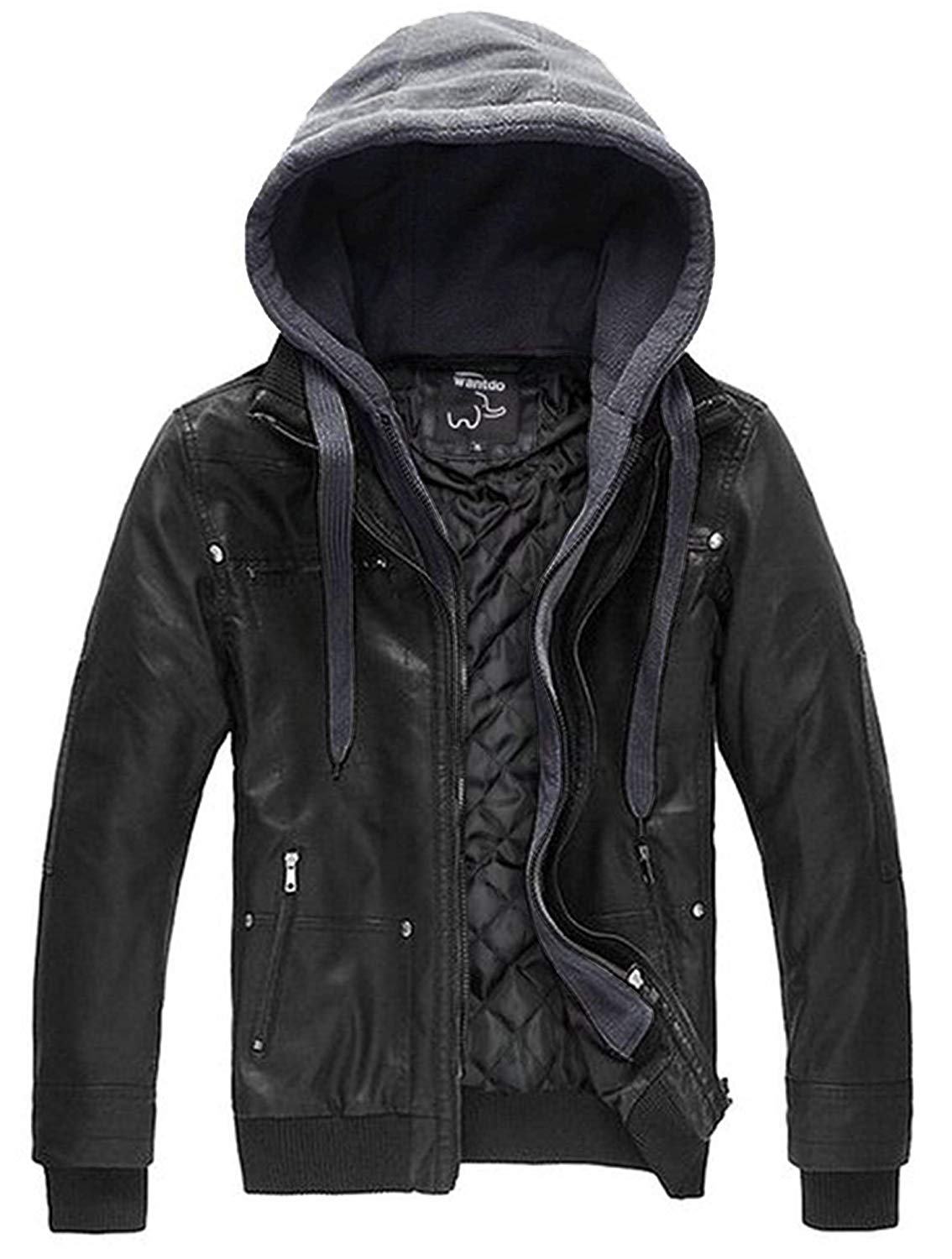 Wantdo Men's Faux Leather Jacket with Removable Hood